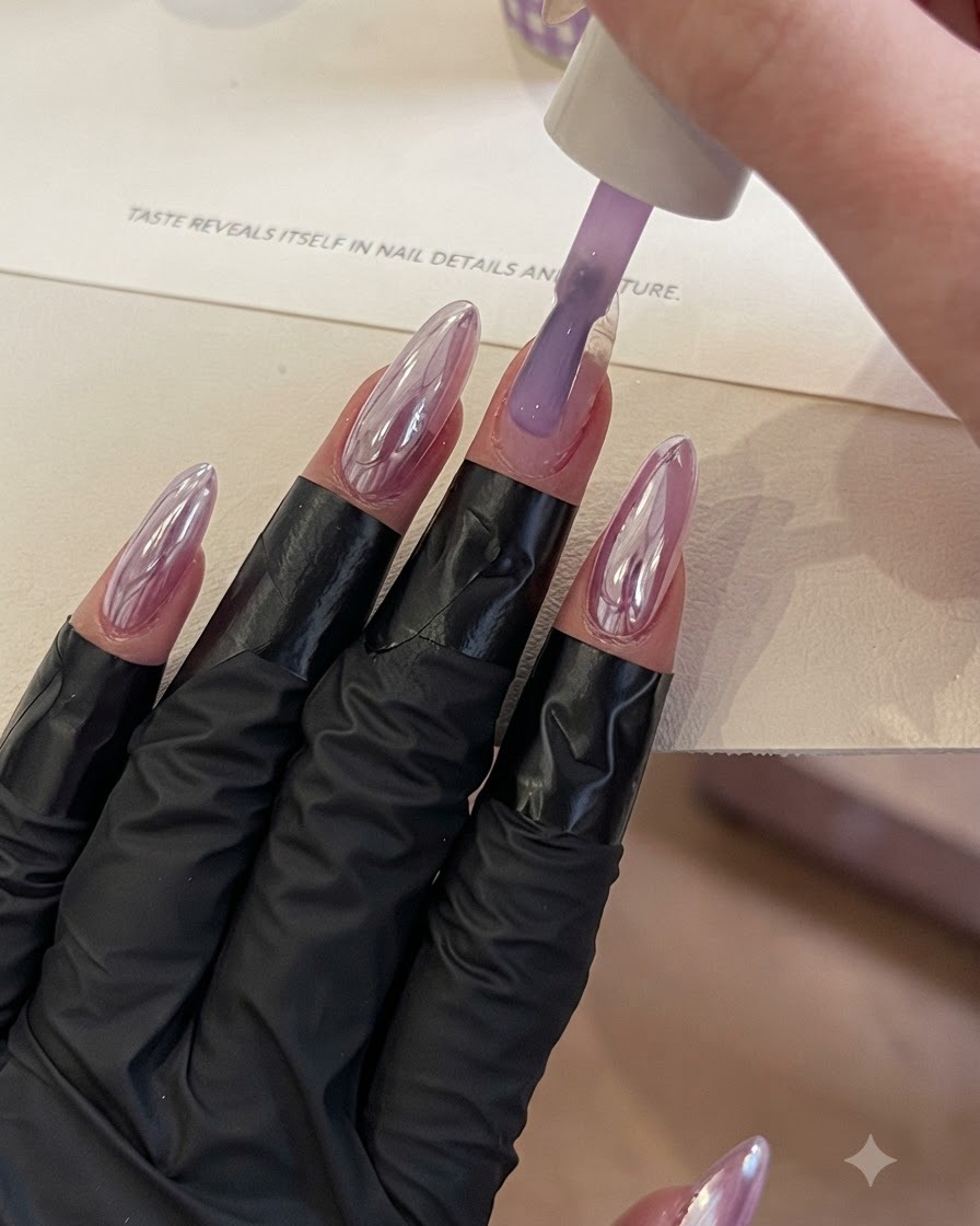 A brush applying a light translucent purple gel onto a fingernail.
