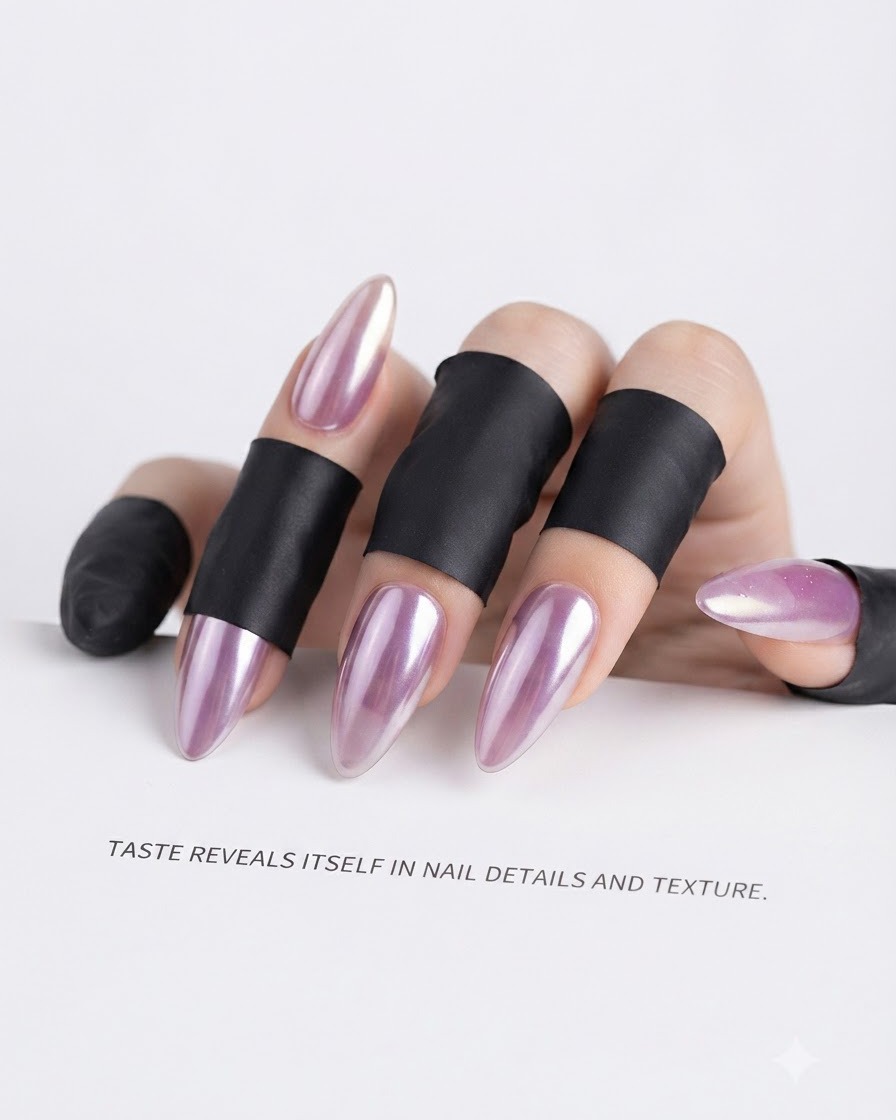 A close-up view of hands displaying finished almond-shaped chrome nails with a gradient design over a paper sign.
