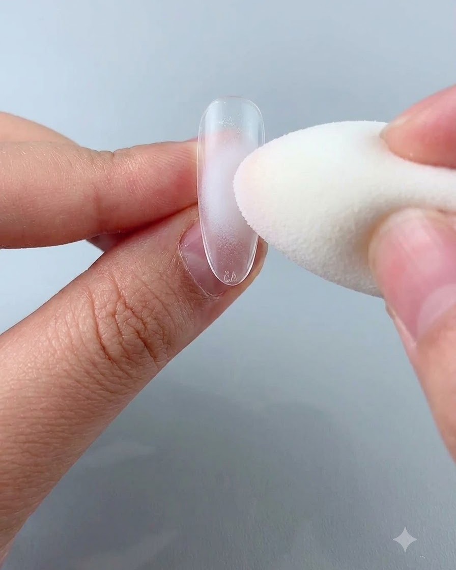 A cosmetic sponge gently dabbing a soft pink blush color onto the center of a clear artificial nail tip.
