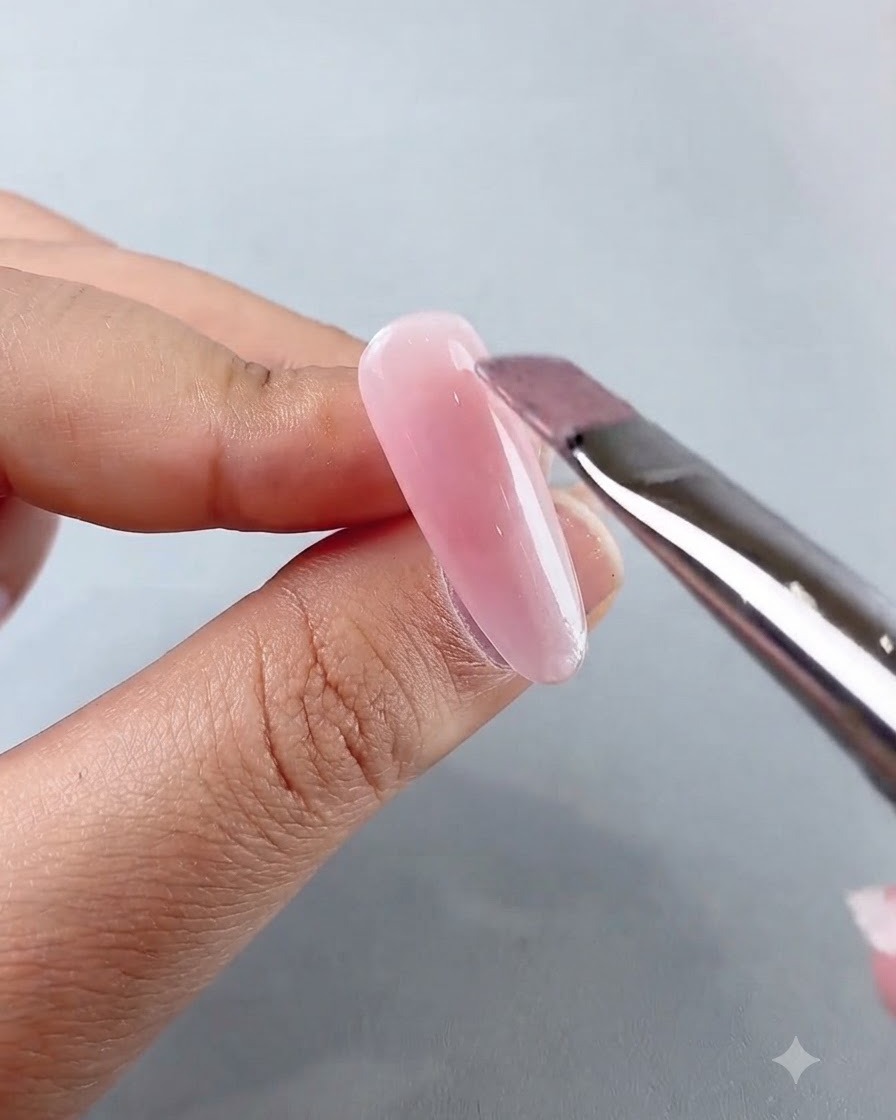 A nail brush applying a clear, shimmering cat-eye gel coat over the pink nail base.
