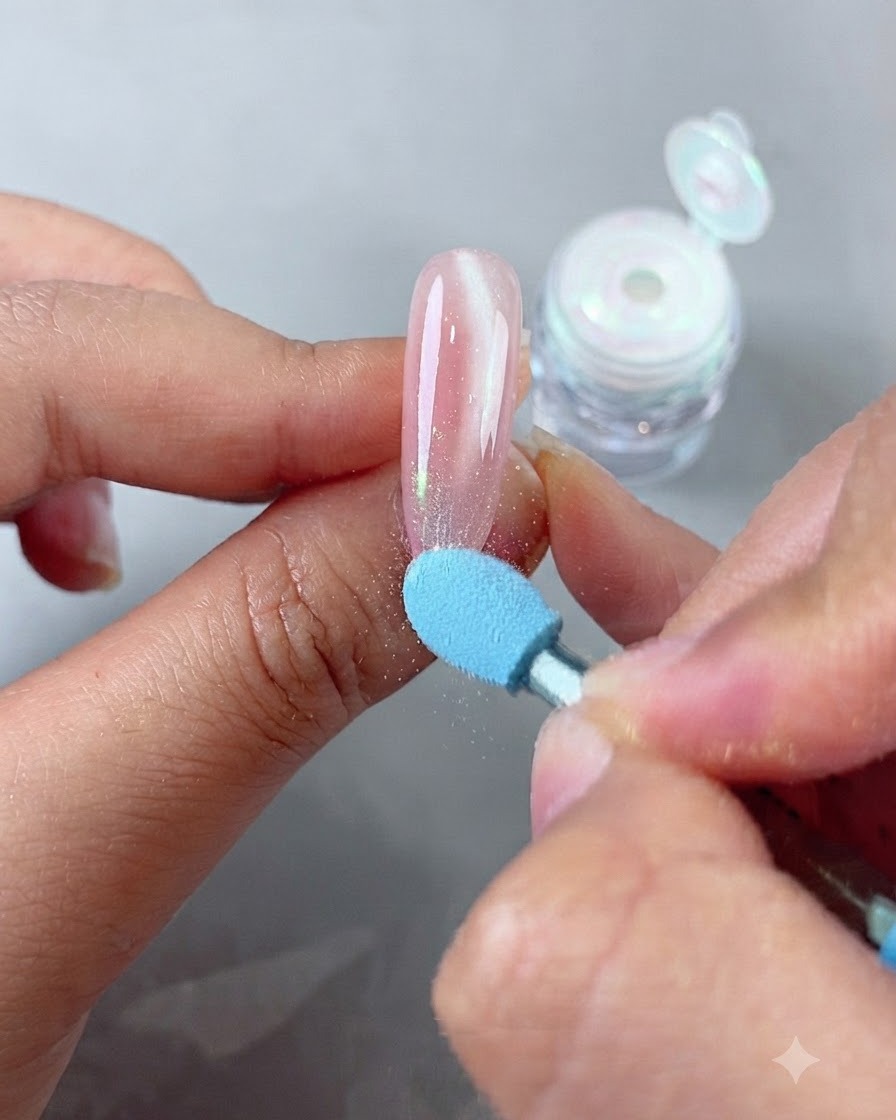 A blue sponge eyeshadow applicator dabbing iridescent magic mirror powder onto the tip of a pink cat-eye nail.