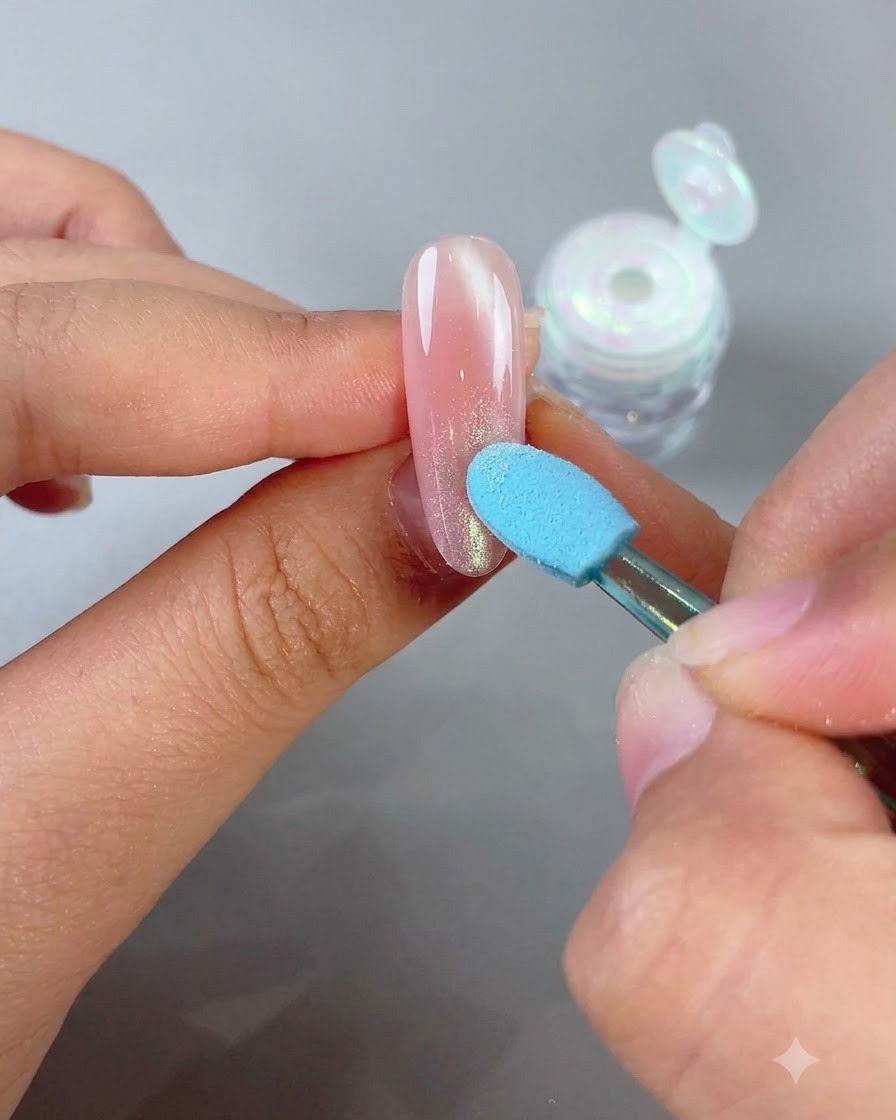 A blue sponge applicator gently buffing magic mirror powder onto the tip of an almond-shaped pink nail to create an ombre effect.
