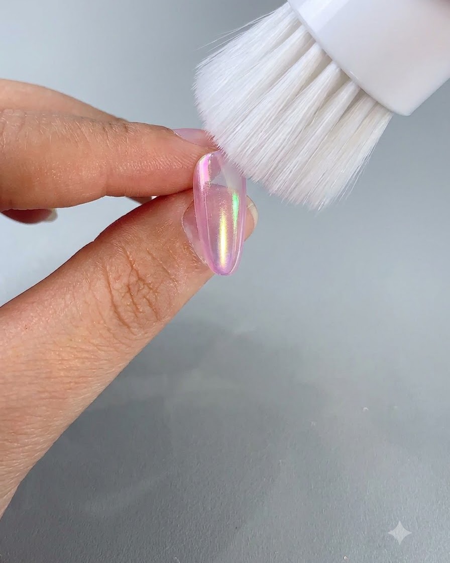 A white cosmetic dusting brush sweeping loose iridescent powder away from a finished gradient nail.