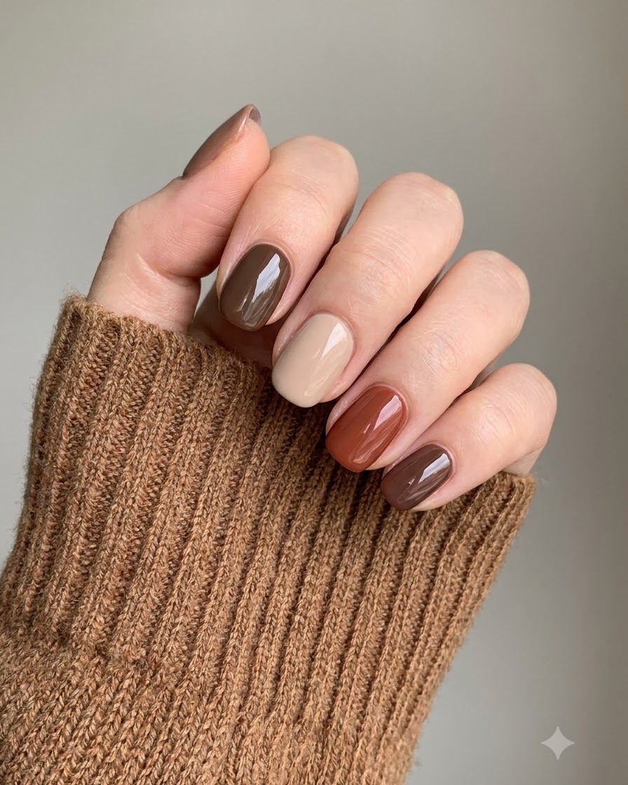 A close-up view of a hand applying a nude base coat onto the index fingernail using a fine brush.
