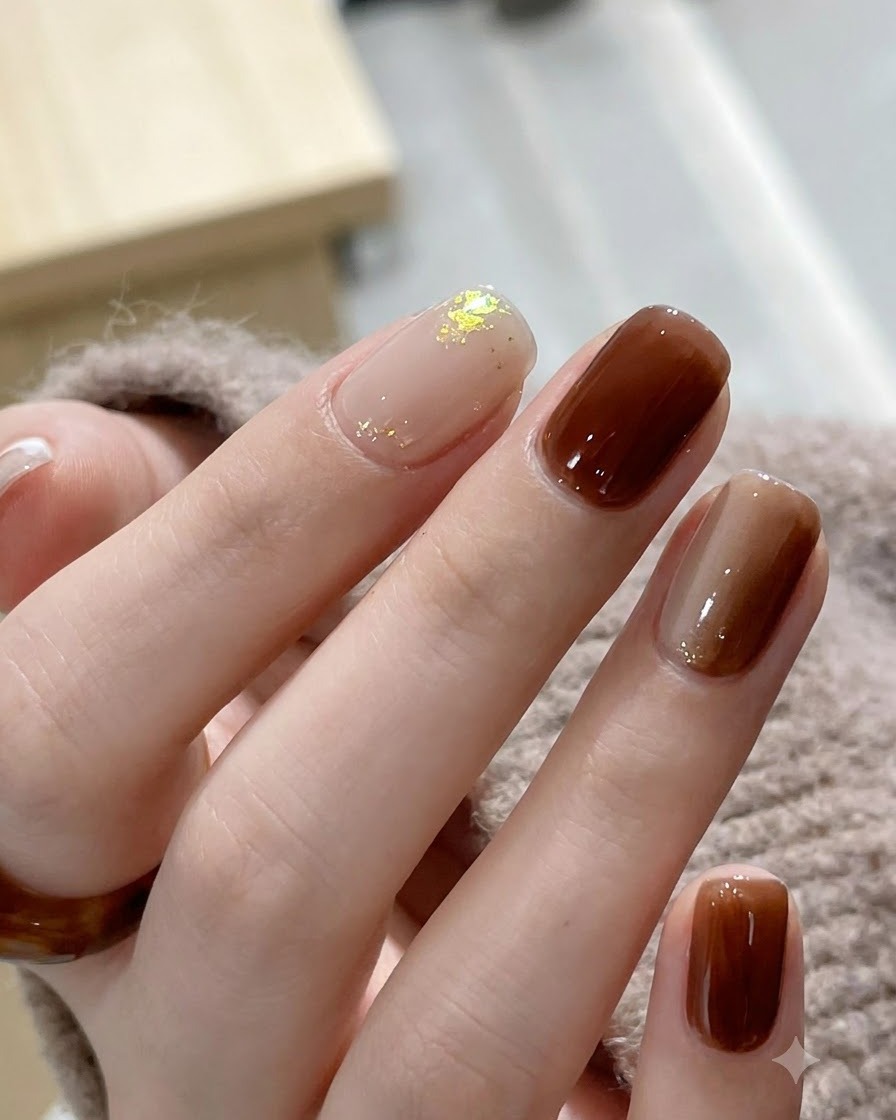 A detailed shot of gold glitter flakes being placed onto a nude nail base with a fine tool.