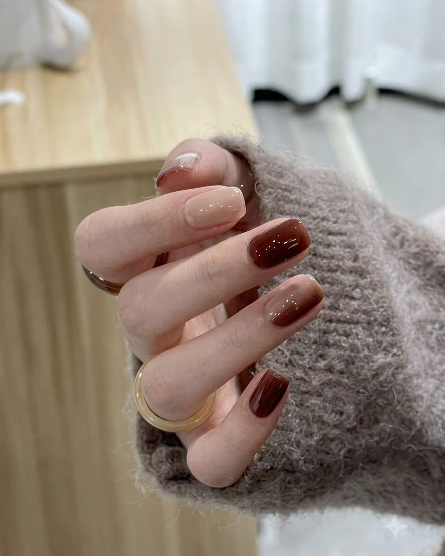 A close-up of a hand having a clear glossy top coat applied over finished caramel and amber gradient nails.