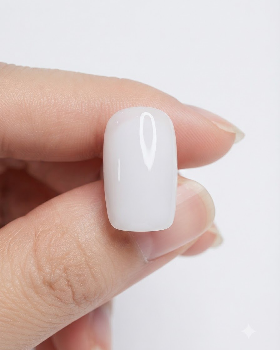 A close-up view of a finger showing a perfectly smooth and cured milky white nail surface.