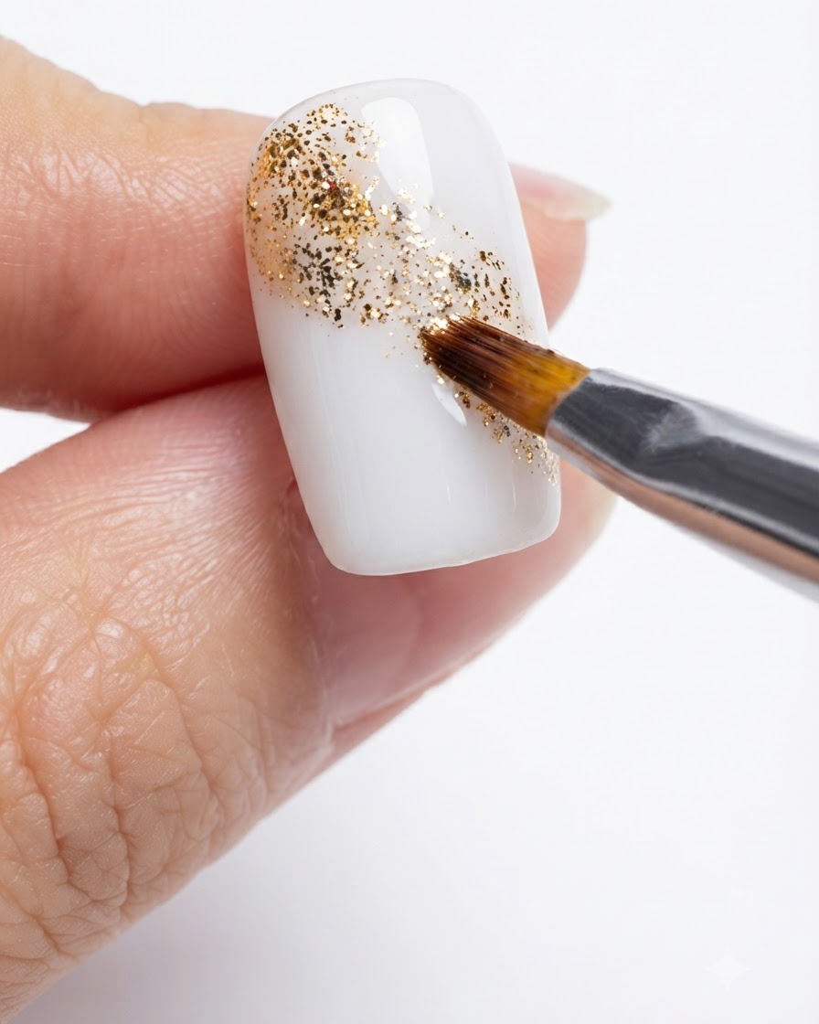 A close-up shot of a fine brush refining and spreading gold glitter across the diagonal nail section.