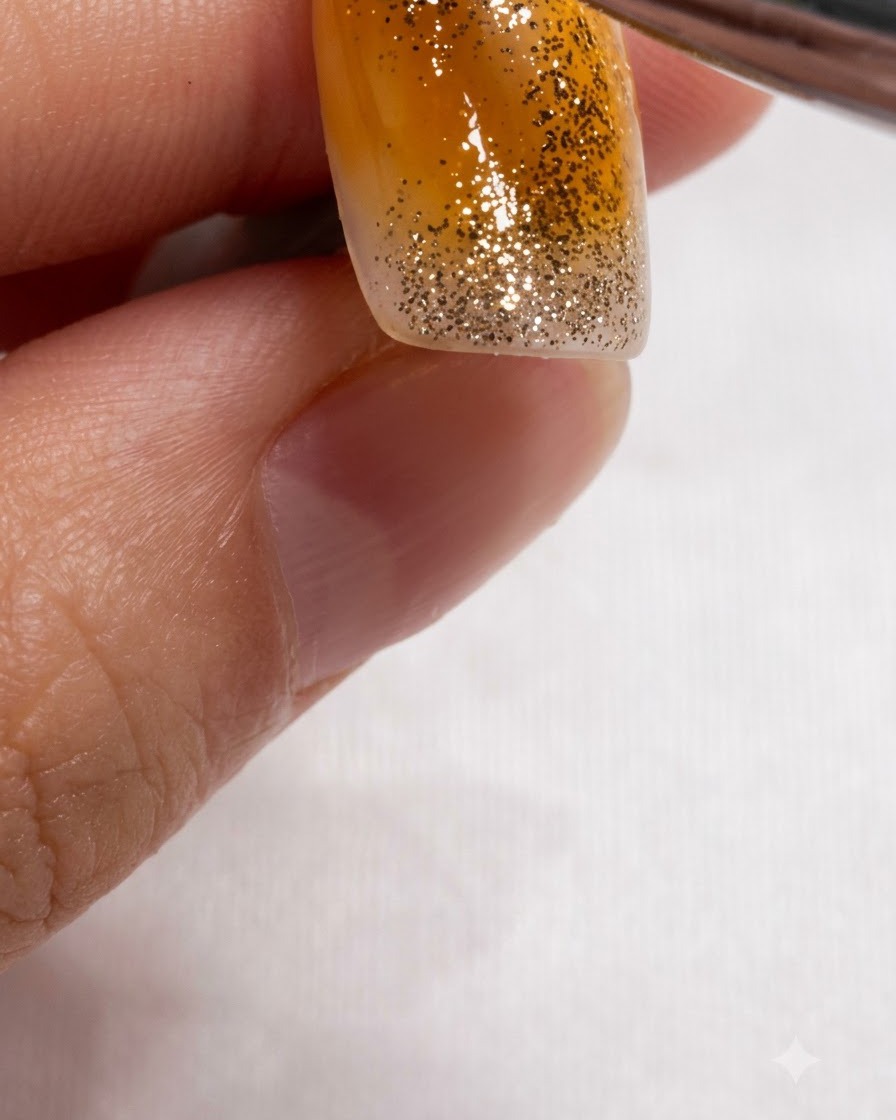 A brush overlaying warm amber brown watercolor blending on top of the golden glitter nail area.
