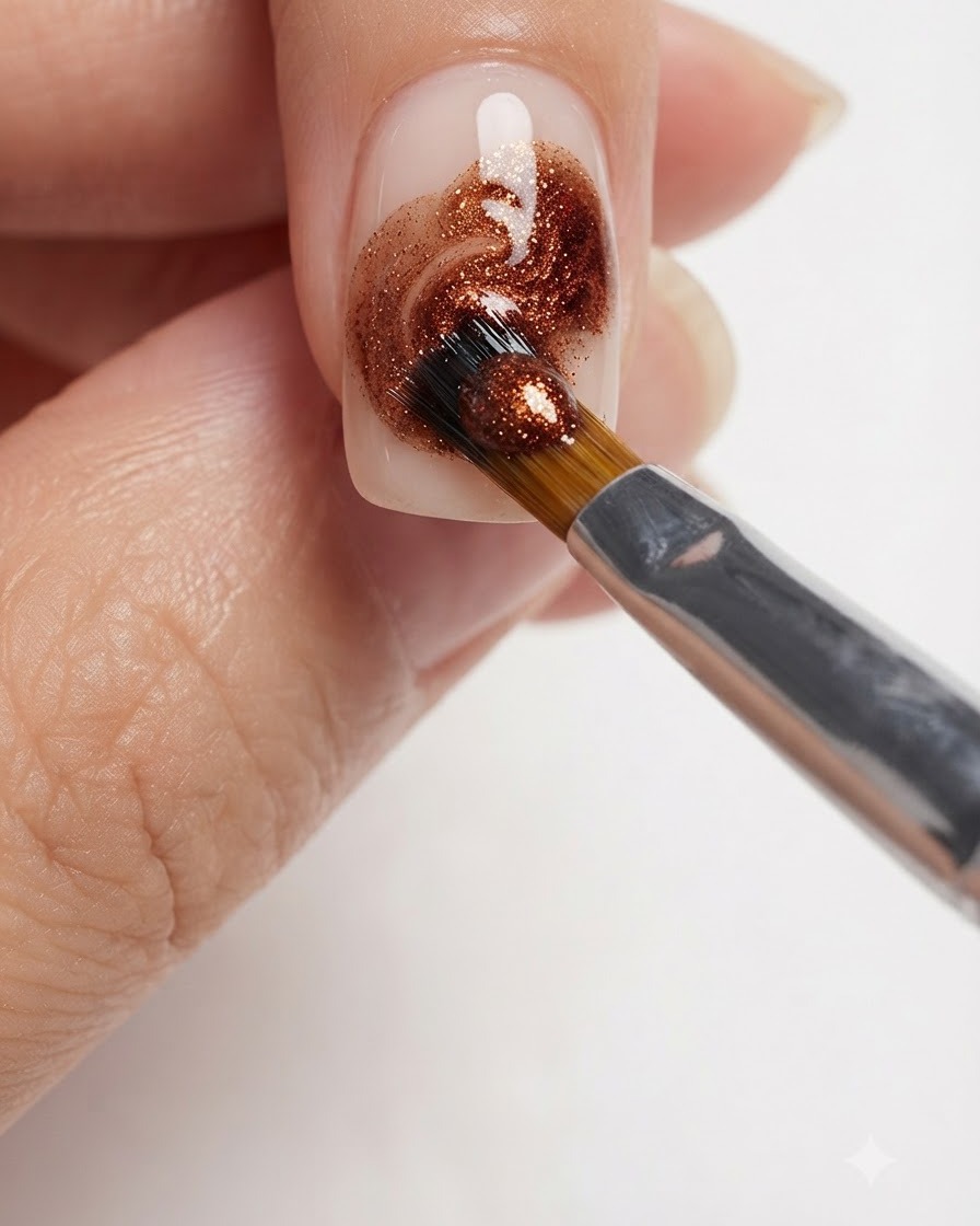 A detailed close-up of a nail brush blending warm caramel and amber shades onto a manicured fingernail.