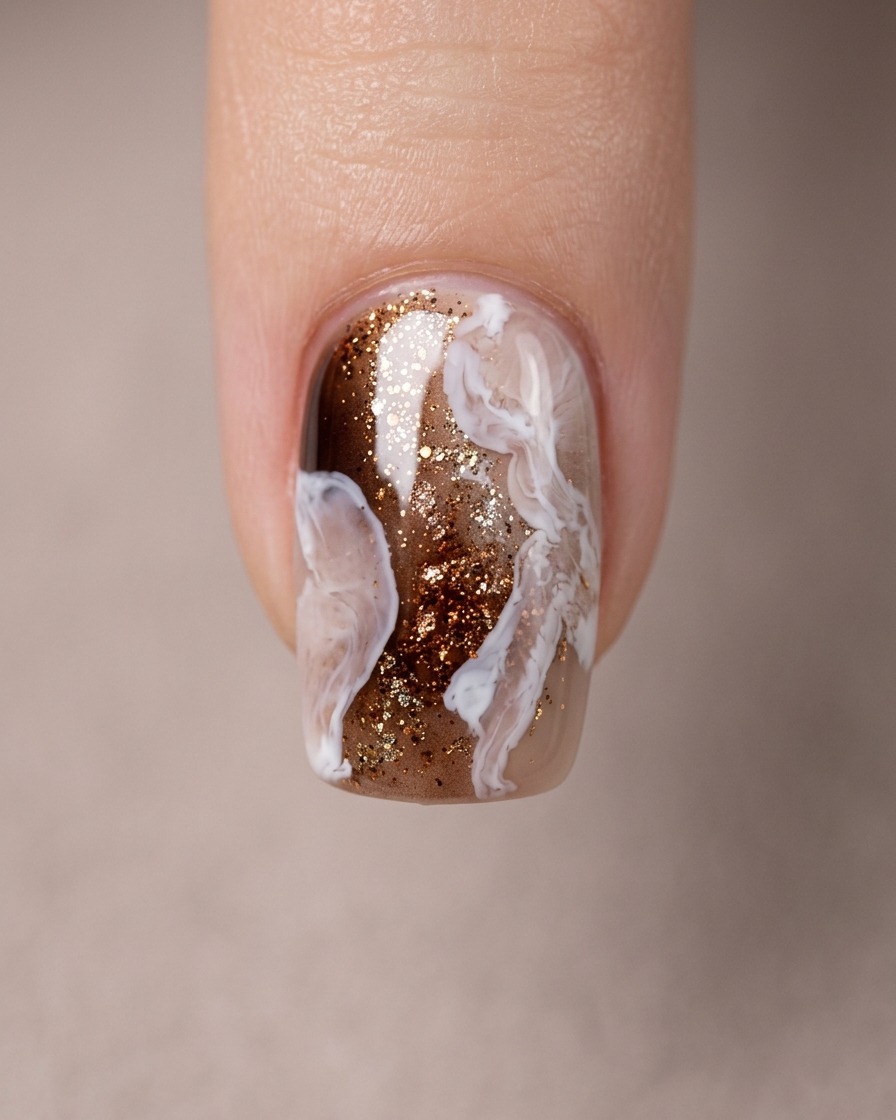An overhead macro view of a completed nail featuring soft white wisps and rich amber tones.