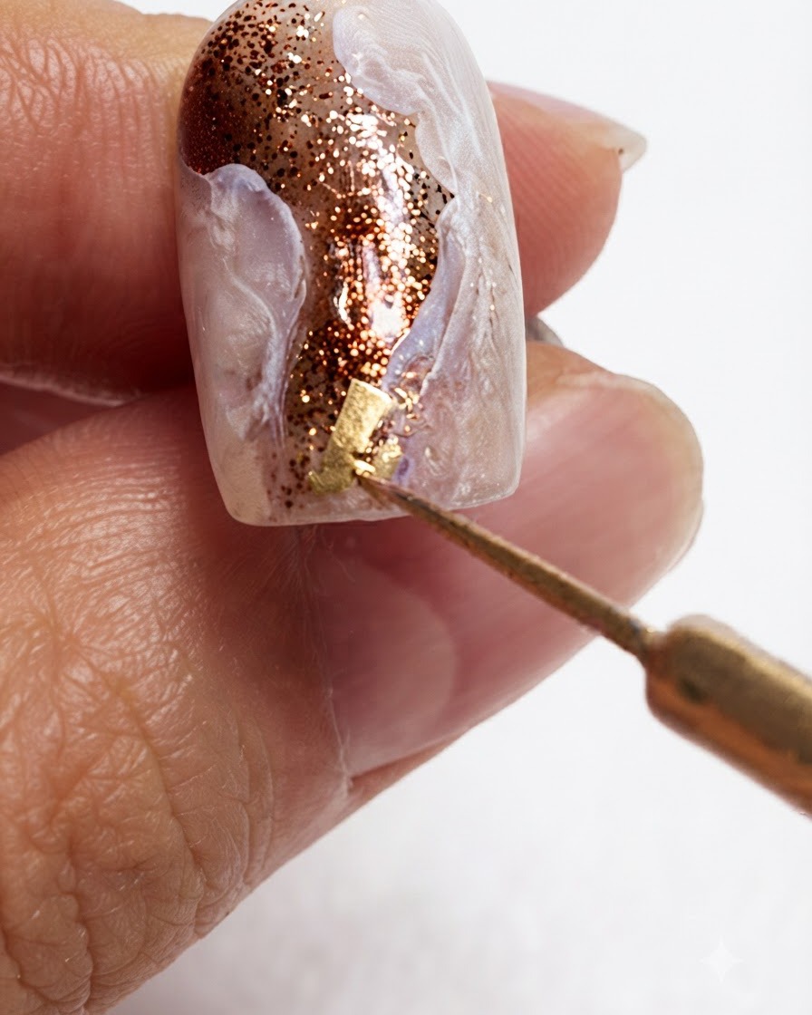 A detailing tool placing small fragments of shimmering gold foil onto a textured nail design.