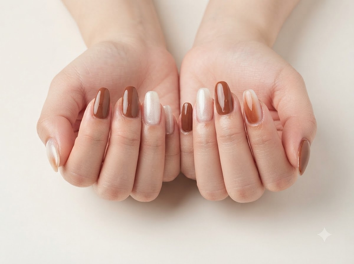 A close-up view displaying translucent milky white nails with magnetic shimmer next to solid caramel nails.