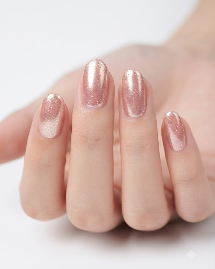 A manicure brush applying translucent pink gel color evenly across the nail surface.