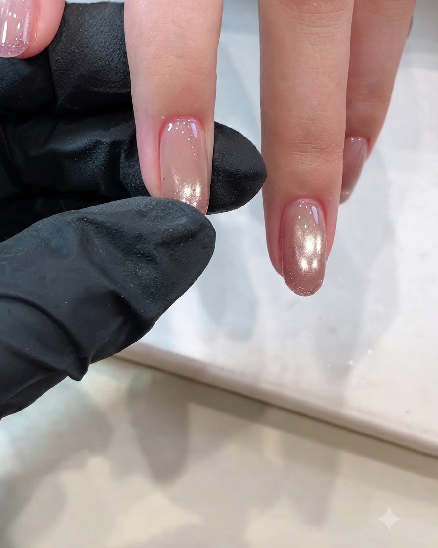 Applying magnetic cat eye gel polish over the base color for an aurora effect.