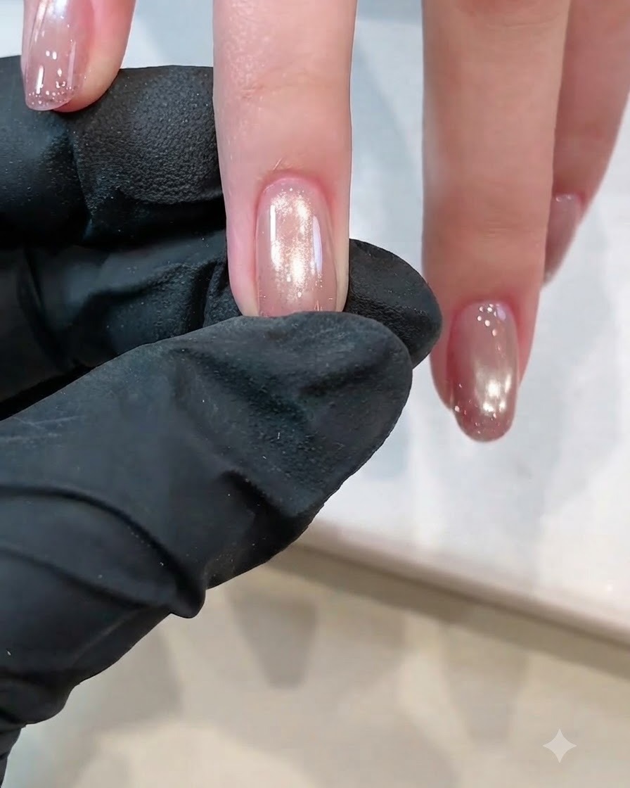 A magnet tool held close to the nail to concentrate cat eye particles into a glowing stripe.