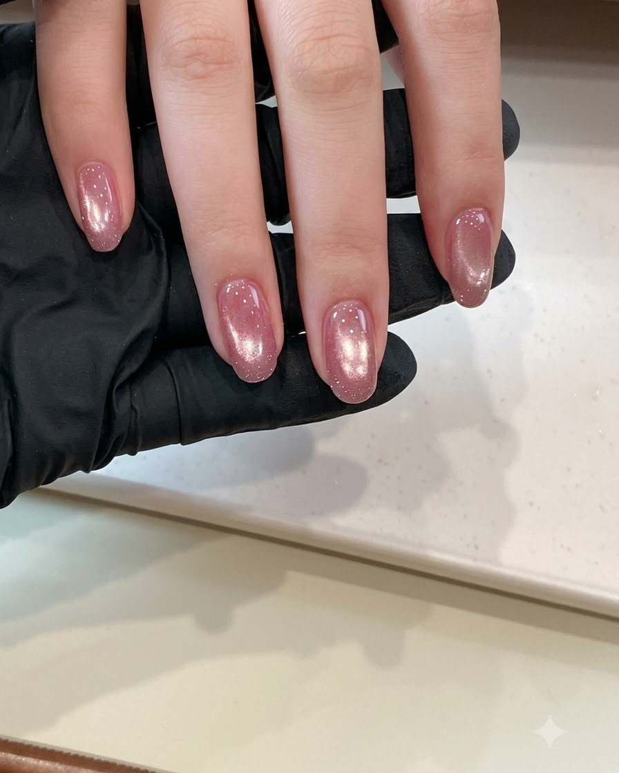 A close-up of a hand carefully dabbing iridescent crushed ice glitter onto the middle and free edge of a pink gel nail.