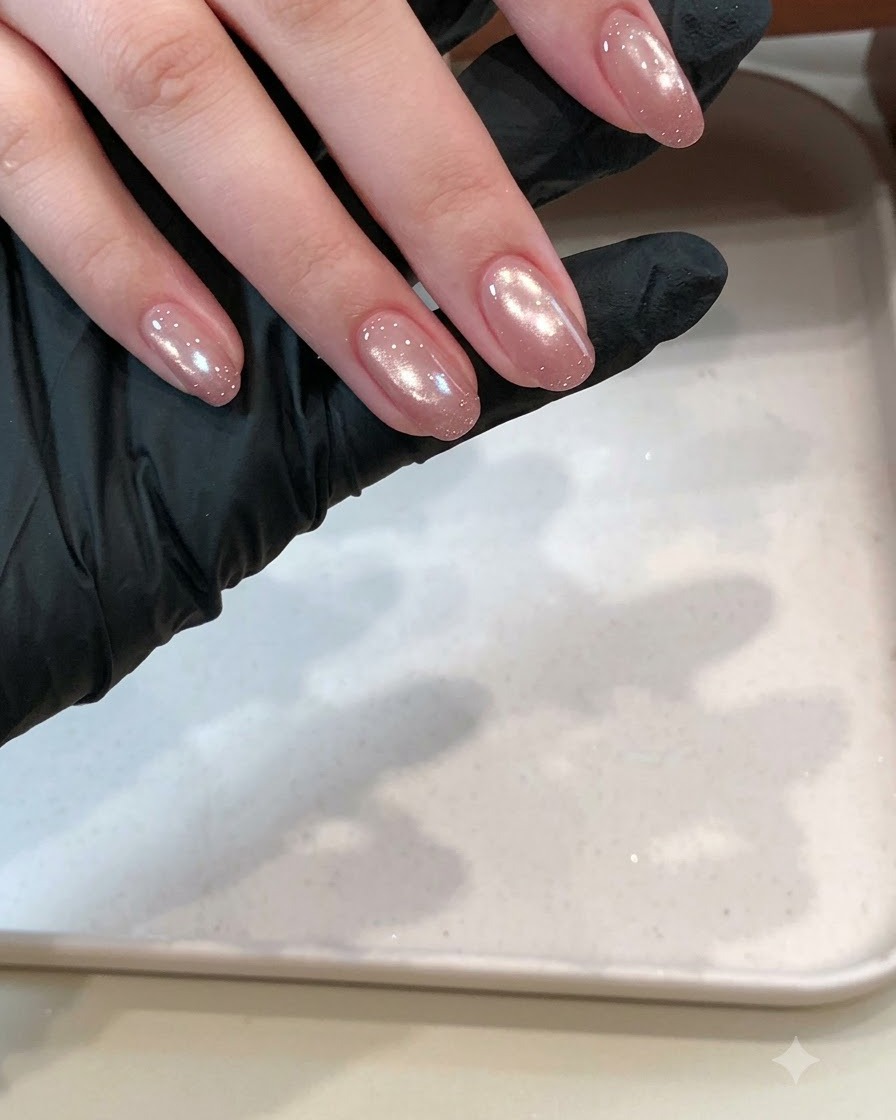A nail brush gliding a thick, glossy top coat over a textured glitter nail design before curing under a lamp.