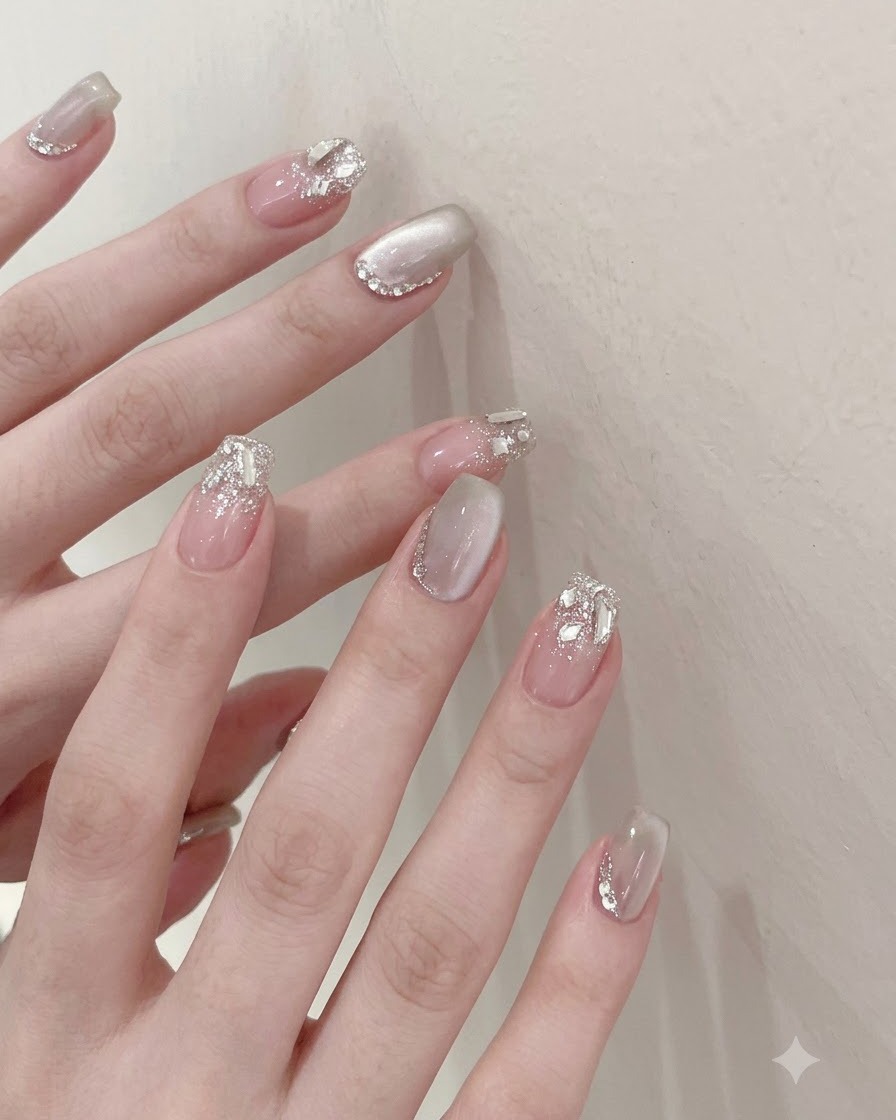 A close-up of a hand receiving a thin coat of clear base polish on the nails.