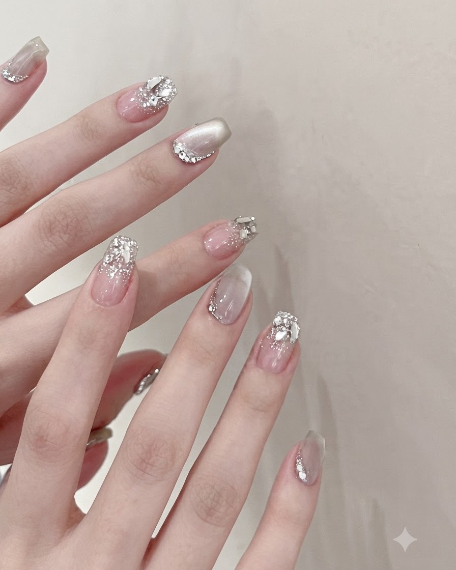 A gel polish brush applying a shimmering translucent moonlight cat-eye gel onto a natural square nail.