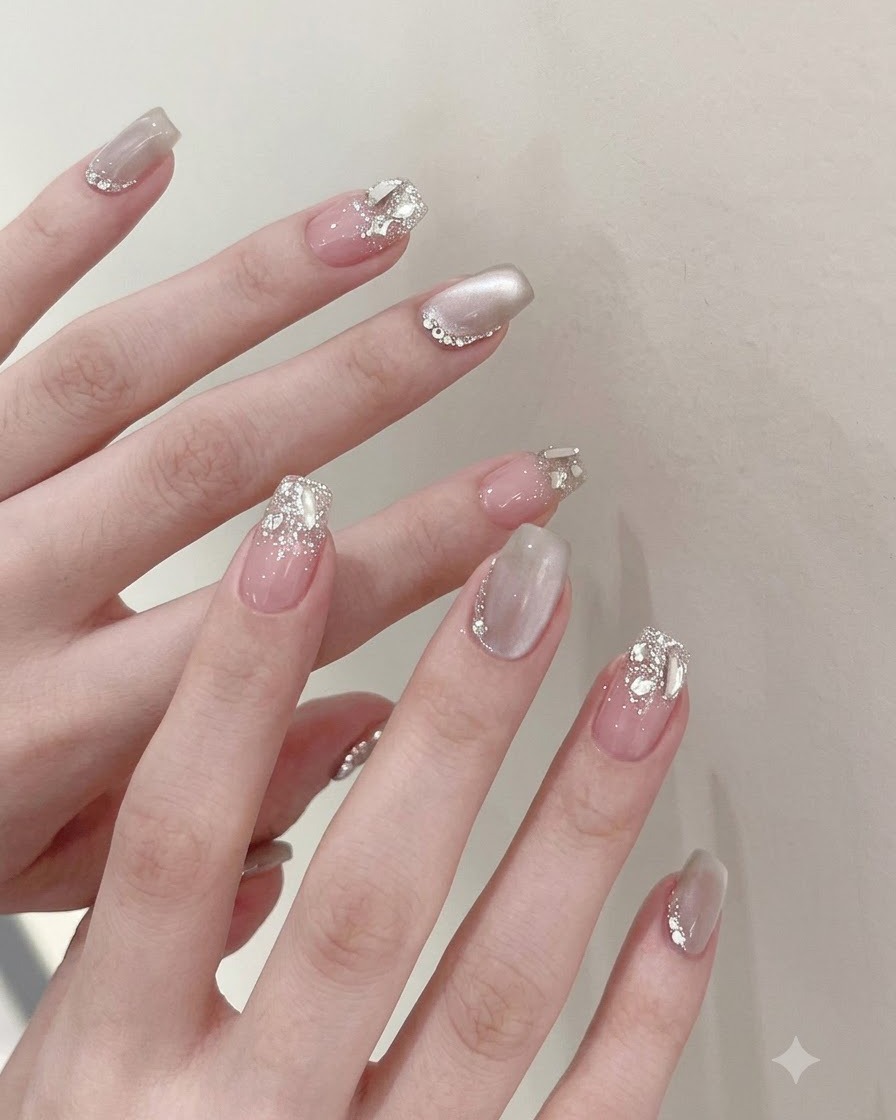 A small cylindrical magnet hovering closely above a wet cat-eye gel nail to concentrate the shimmering line.