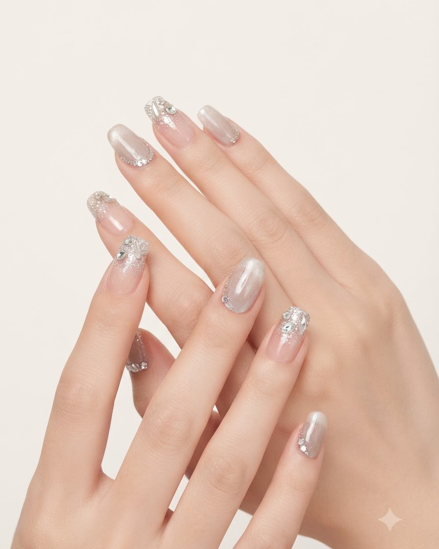 A hand resting inside a pink LED nail lamp with a glowing purple light curing the freshly magnetized cat-eye gel.