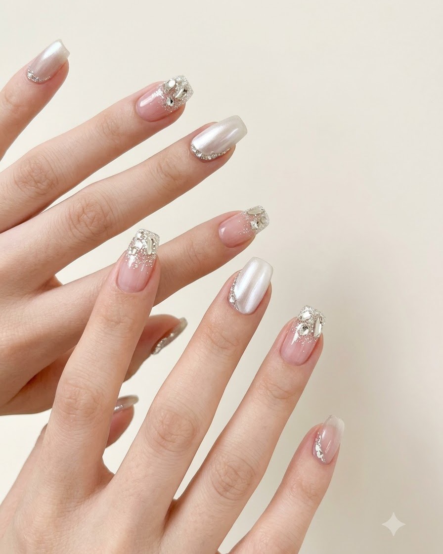 A fine brush placing a clear dot of builder gel near the cuticle area of a finished cat-eye nail.