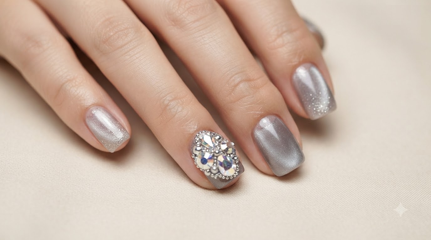 Moonlight Cat-Eye Nails with Crystal Rhinestones — Step-by-Step Tutorial
