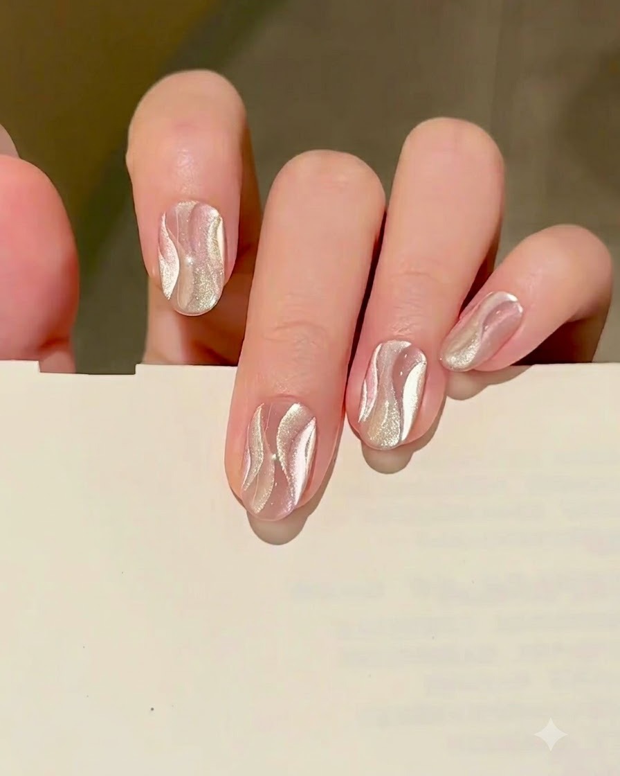 A brush applying a smooth, thin coat of nude gel polish onto the center of a clean, shaped fingernail.