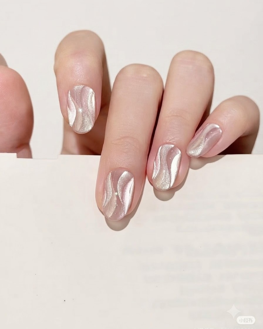 A small nail magnet held close to a freshly painted ribbon line, causing the magnetic particles to concentrate into a bright shimmer.