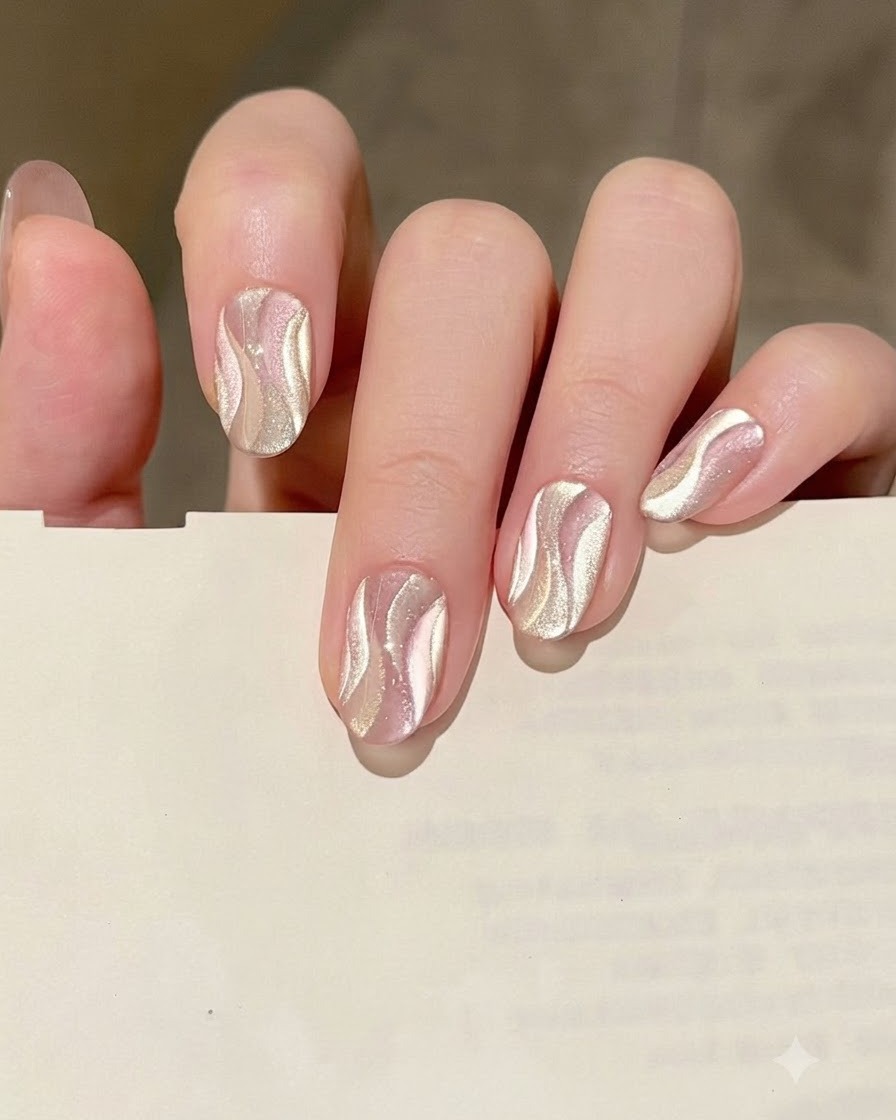 A magnetic wand being swept over a painted gel nail to draw out the cat eye sheen.