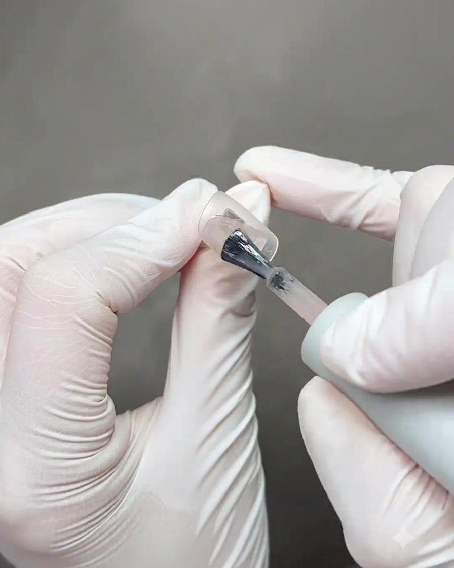 Nails placed under a curing lamp after finalizing the third cat eye ribbon stroke.