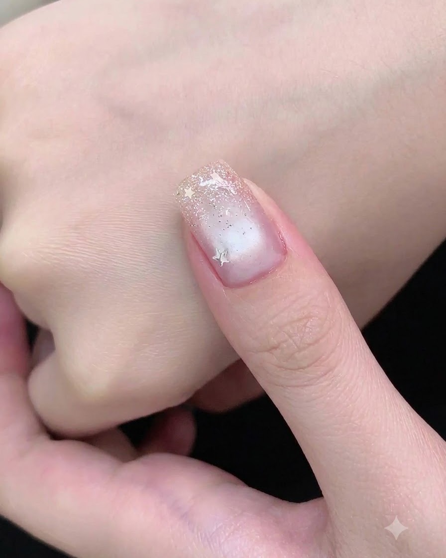 A brush applying a clear gel base coat to the surface of a prepped natural nail.