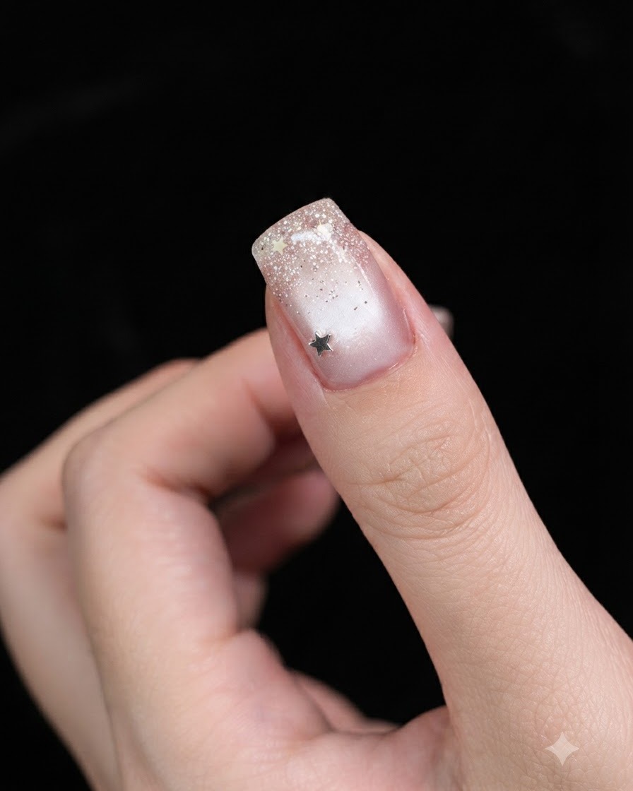 A close-up of a fingernail showing a silver glitter gradient being blended downward from the tip over a cat eye base.