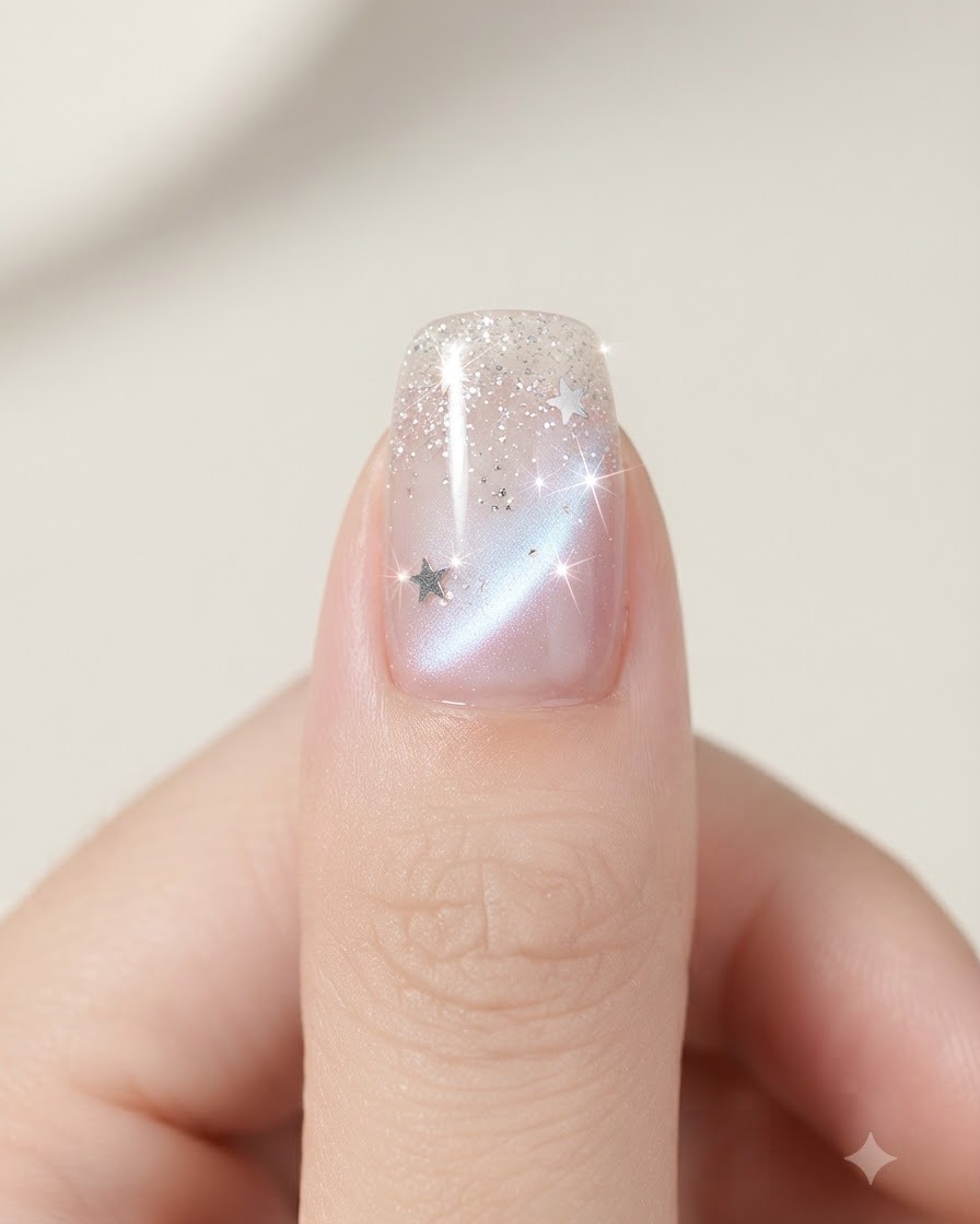 A pair of tweezers placing small silver star glitter pieces onto a decorated gel-painted nail.