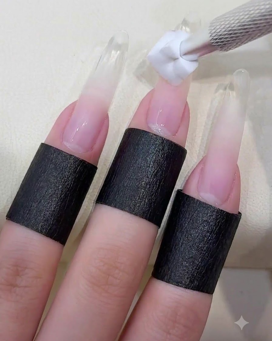 A lint-free wipe dabbing sheer light blue polish onto the tip of a long prepped natural nail.