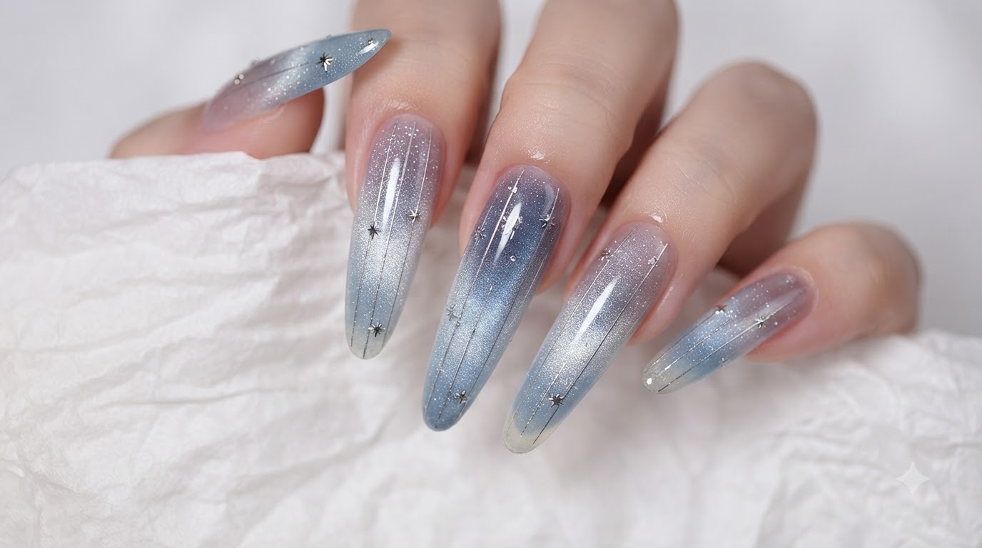 Summer Starry Cat Eye Nails — Blue Gradient & Star Art Tutorial