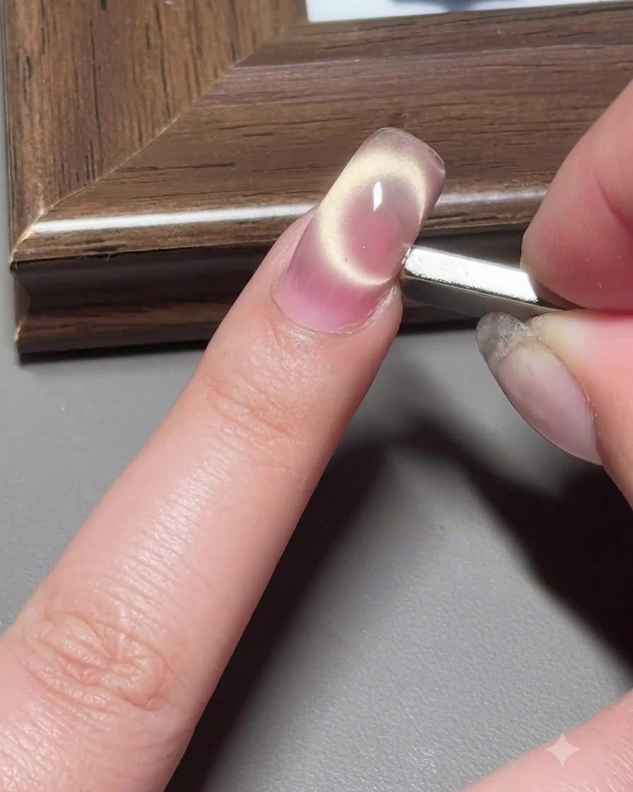 A brush applying a coat of pinkish cat-eye gel onto a long fingernail.