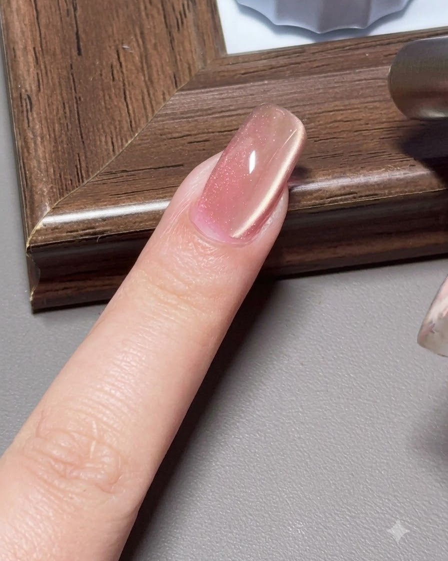 A cylindrical magnet held near the side of a cat-eye gel nail to create a side-light glow.