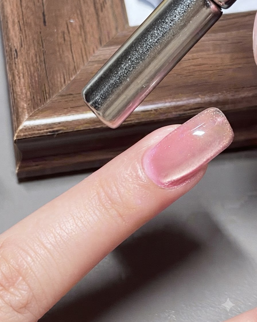 A magnetic tool positioned over the nail to create a wide-light cat-eye effect.