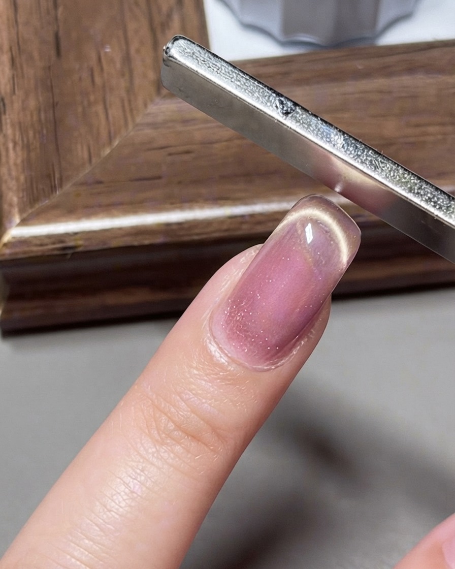 A wide magnet shaping a French smile-line reflection on the cat-eye gel nail.