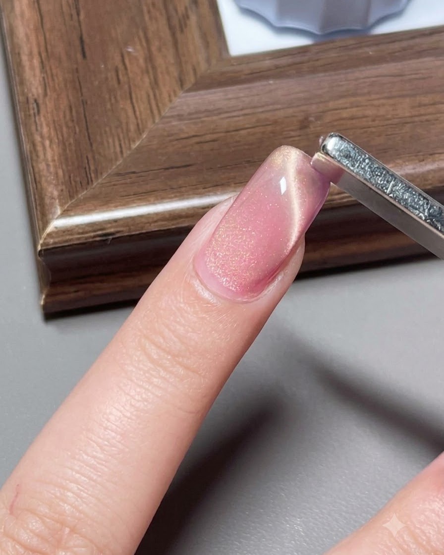 A wide magnetic tool held upright near a pink cat-eye gel nail to form a bright center line.