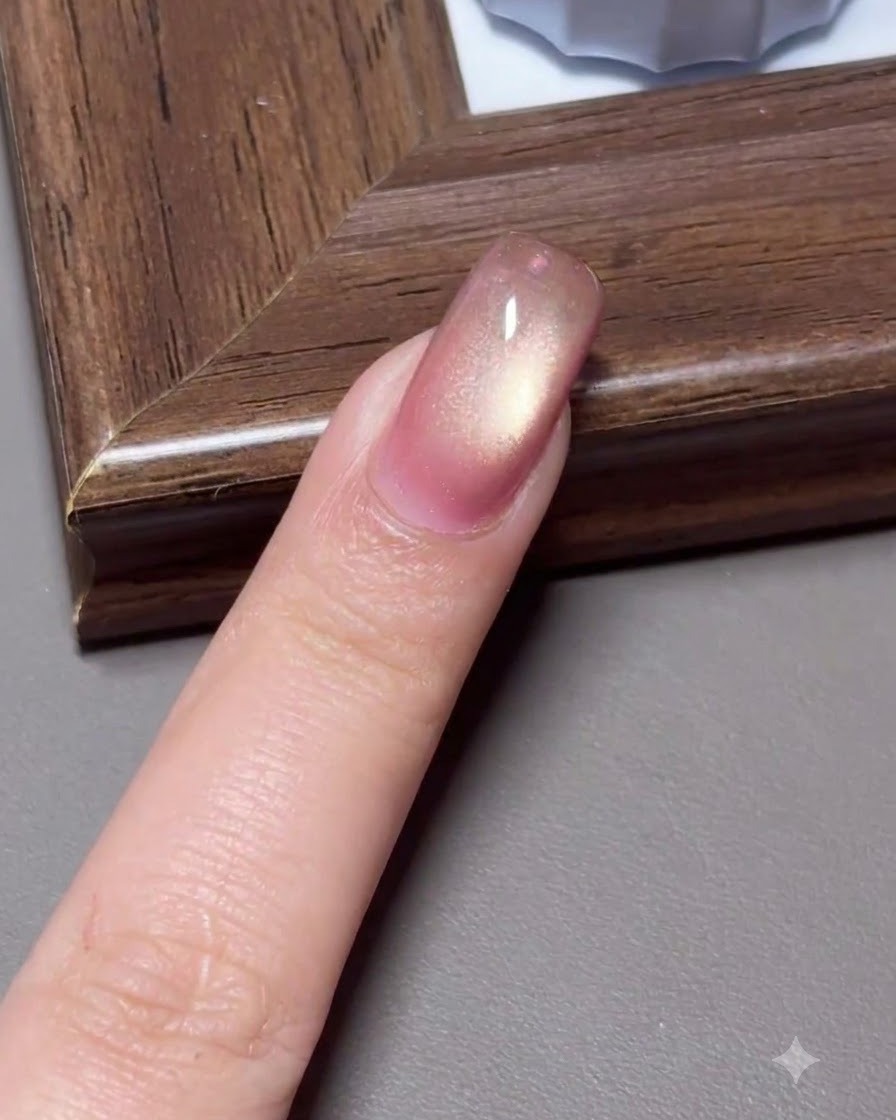 A fingernail finished with a three-dimensional glass-ball cat eye light reflection.