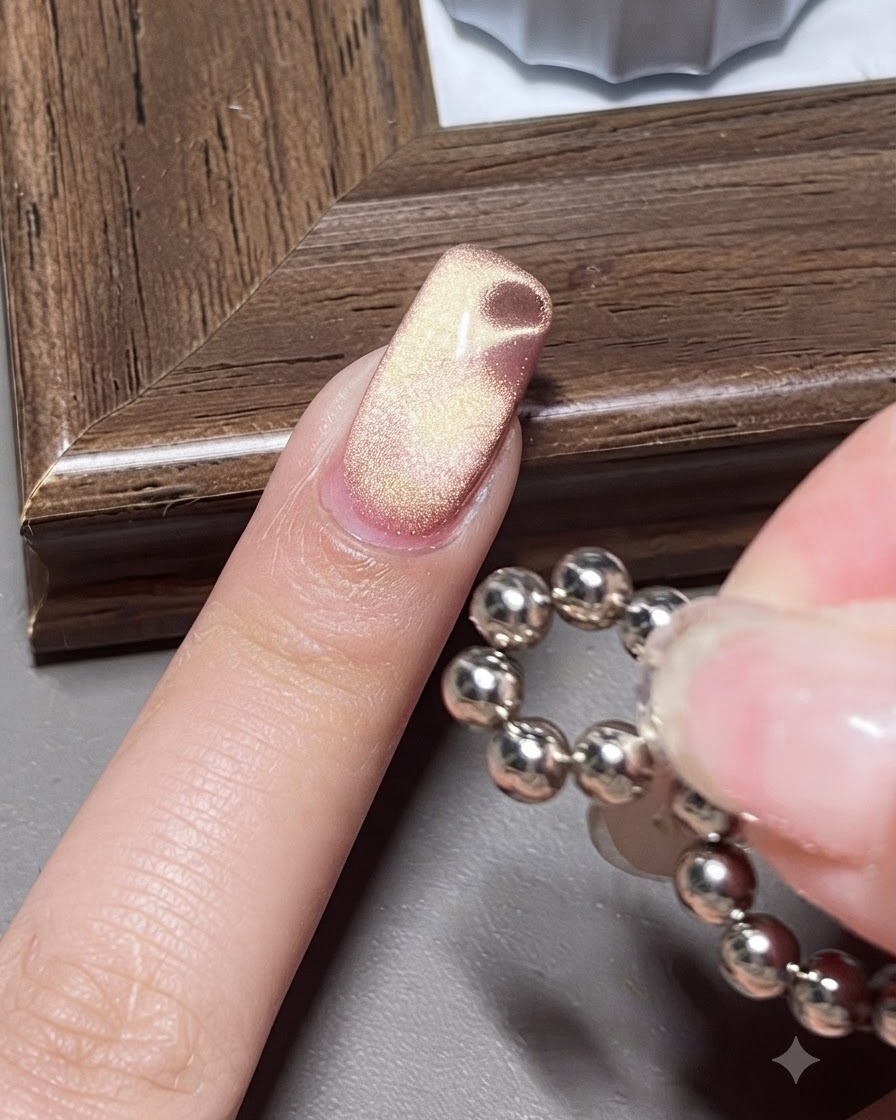 A spherical bead magnet hovering near a cat-eye gel nail to create a water-ripple effect.