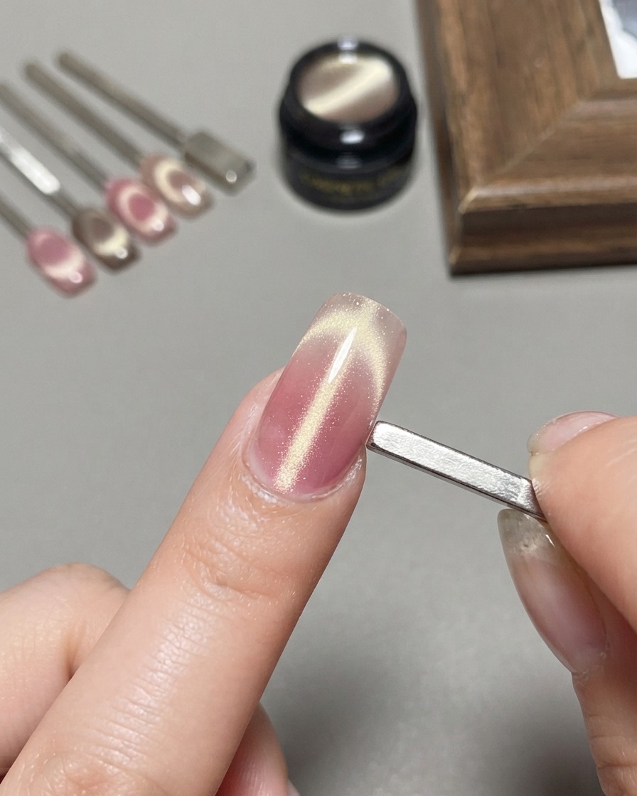 A wide magnet held flat and upright against the side of a nail showcasing a light-wave cat eye effect.