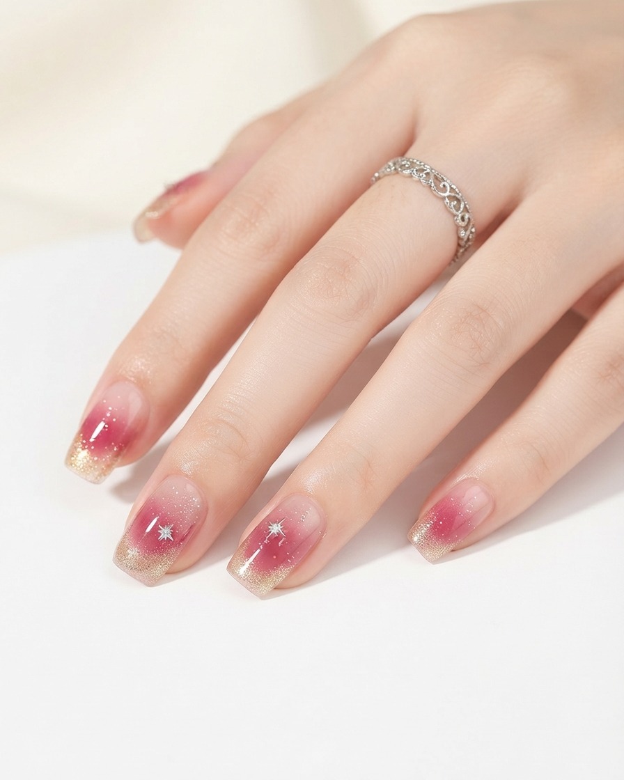 A small nail brush applying pink gel polish to the center of a fingernail to create a gradient.