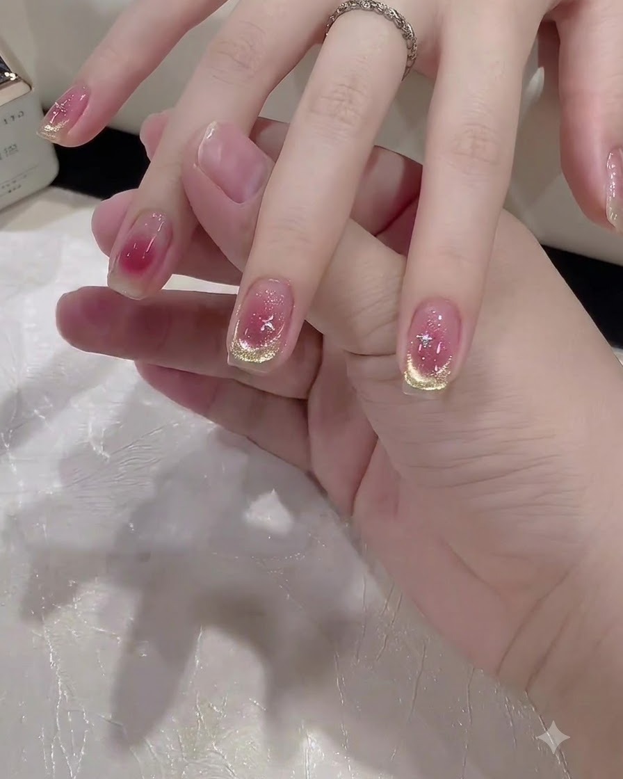A flat shading brush smoothing out a pink gel gradient toward the cuticle on a fingernail.