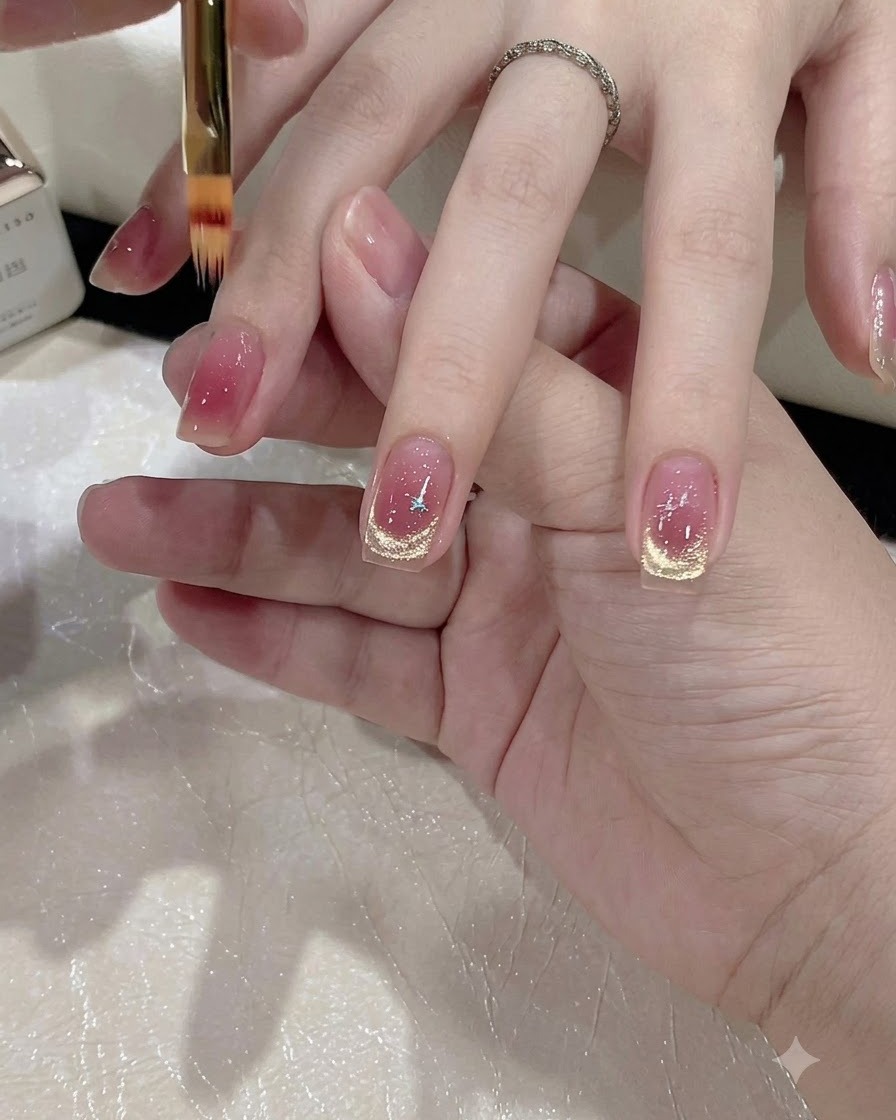 A fine detail brush refining the edges of a pink gradient nail design.