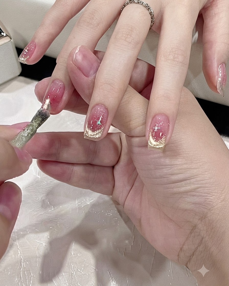 A brush applying sparkling gold magnetic cat-eye gel to form a French tip.
