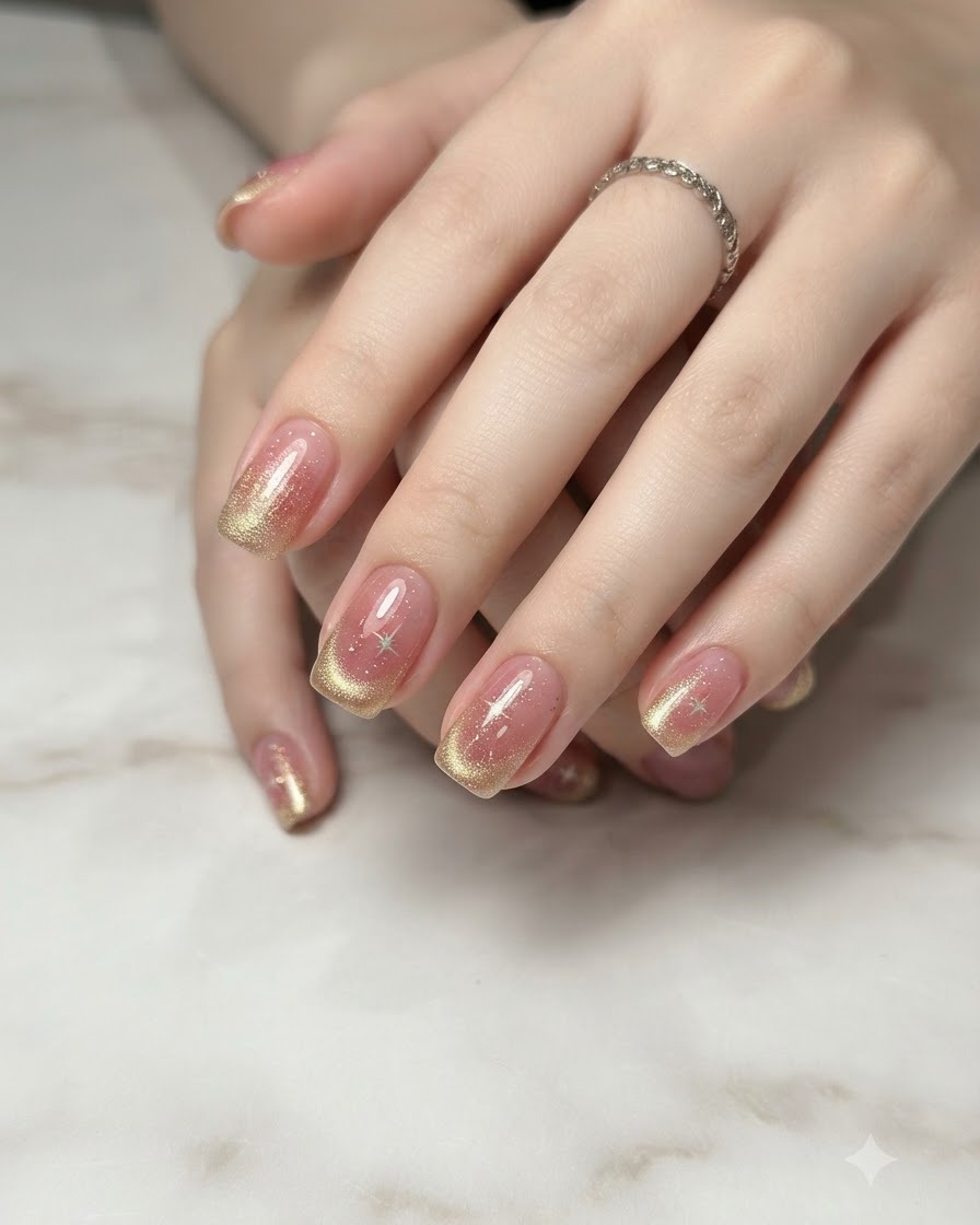 A close-up of a hand holding a magnetic wand over gold cat-eye gel tips.